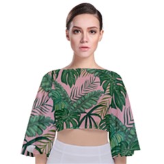 Tropical Greens Leaves Design Tie Back Butterfly Sleeve Chiffon Top by Sapixe