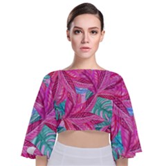 Leaves Tropical Reason Stamping Tie Back Butterfly Sleeve Chiffon Top by Sapixe