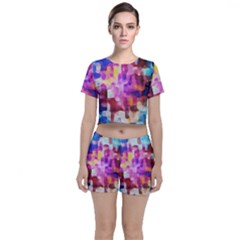 Blue Pink Watercolors                                              Crop Top And Shorts Co-ord Set