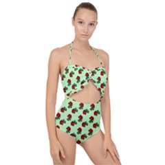 Red Roses Green Scallop Top Cut Out Swimsuit by snowwhitegirl