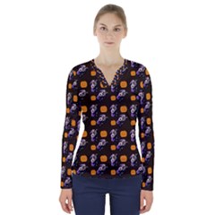 Halloween Skeleton Pumpkin Pattern Brown V-neck Long Sleeve Top