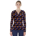 Halloween Skeleton Pumpkin Pattern Brown V-Neck Long Sleeve Top View1
