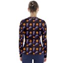 Halloween Skeleton Pumpkin Pattern Brown V-Neck Long Sleeve Top View2