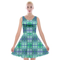 Mod Blue Green Square Pattern Velvet Skater Dress by BrightVibesDesign