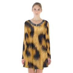Animal Print 3 Long Sleeve Velvet V-neck Dress