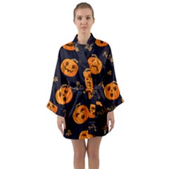Funny Scary Black Orange Halloween Pumpkins Pattern Long Sleeve Kimono Robe by HalloweenParty