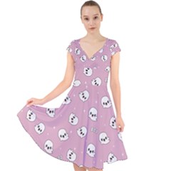 Cute Kawaii Ghost Pattern Cap Sleeve Front Wrap Midi Dress