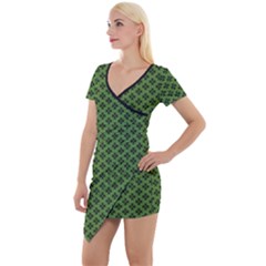 Logo Kek Pattern Black And Kekistan Green Background Short Sleeve Asymmetric Mini Dress by snek