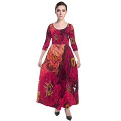 Peach And Pink Zinnias Quarter Sleeve Maxi Velour Dress