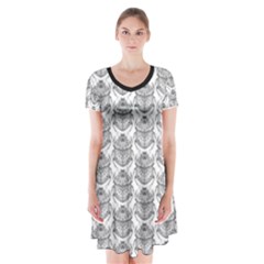 Scarab Pattern Egyptian Mythology Black And White Short Sleeve V-neck Flare Dress