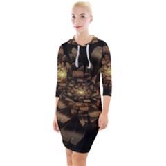 Fractal Flower Floral Bloom Brown Quarter Sleeve Hood Bodycon Dress