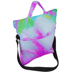 Abstract Pink Hibiscus Bloom With Flower Power Fold Over Handle Tote Bag by myrubiogarden