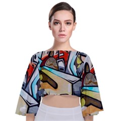 Blue Face King Graffiti Street Art Urban Blue And Orange Face Abstract Hiphop Tie Back Butterfly Sleeve Chiffon Top by genx