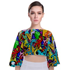 Graffiti Abstract With Colorful Tubes And Biology Artery Theme Tie Back Butterfly Sleeve Chiffon Top by genx
