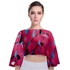 Graffiti Watermelon Pink With Light Blue Drops Retro Tie Back Butterfly Sleeve Chiffon Top by genx