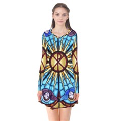 Church Window Stained Glass Church Long Sleeve V-neck Flare Dress