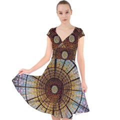 Barcelona Glass Window Stained Glass Cap Sleeve Front Wrap Midi Dress