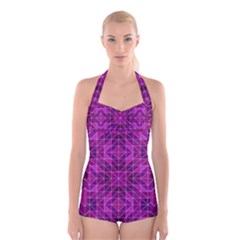 Purple Triangle Pattern Boyleg Halter Swimsuit  by Alisyart