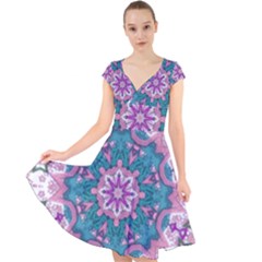 Mandala Pattern Abstract Cap Sleeve Front Wrap Midi Dress