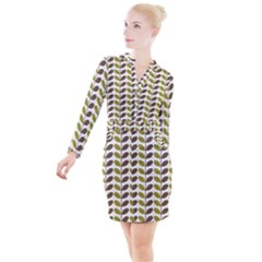 Leaf Plant Pattern Seamless Button Long Sleeve Dress