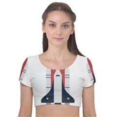 Planet Planets Rocket Shuttle Velvet Short Sleeve Crop Top 