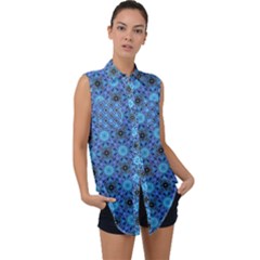 Blue Tile Wallpaper Texture Sleeveless Chiffon Button Shirt