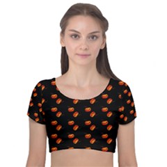 Kawaii Pumpkin Black Velvet Short Sleeve Crop Top 