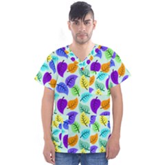 Colorful Leaves Blue Men s V-neck Scrub Top