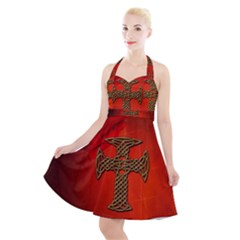 Wonderful Celtic Cross On Vintage Background Halter Party Swing Dress 