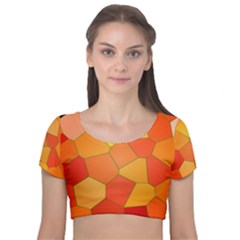 Background Pattern Of Orange Mosaic Velvet Short Sleeve Crop Top 