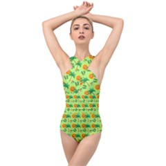 Holiday Tropical Smiley Face Palm Cross Front Low Back Swimsuit