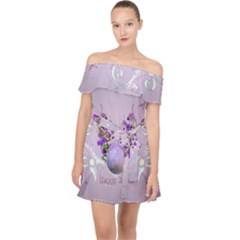 Happy Easter, Easter Egg With Flowers In Soft Violet Colors Off Shoulder Chiffon Dress