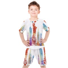 New York City Poster Watercolor Painting Illustrat Kids  Tee And Shorts Set