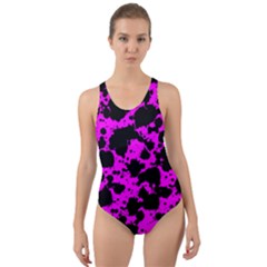 Black And Pink Leopard Style Paint Splash Funny Pattern Cut-out Back One Piece Swimsuit