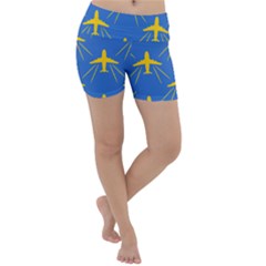 Aircraft Texture Blue Yellow Lightweight Velour Yoga Shorts by HermanTelo
