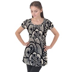 Background Abstract Beige Black Puff Sleeve Tunic Top