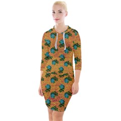 Orange Denim And Roses Quarter Sleeve Hood Bodycon Dress