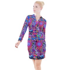 Red Flower Abstract  Button Long Sleeve Dress