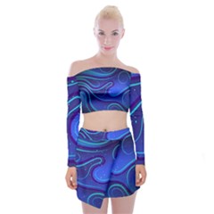 Wavy Abstract Blue Off Shoulder Top With Mini Skirt Set