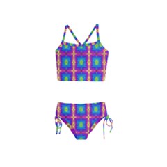 Groovy Blue Pink Yellow Square Pattern Girls  Tankini Swimsuit