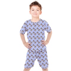 Kawaii Dougnut Blue Pattern Kids  Tee And Shorts Set