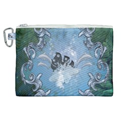 Surfboard With Dolphin Canvas Cosmetic Bag (xl) by FantasyWorld7