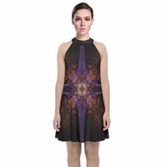 Fractal Cross Blue Geometric Velvet Halter Neckline Dress 