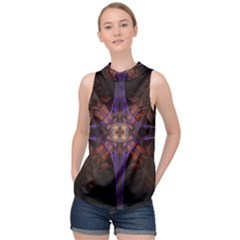 Fractal Cross Blue Geometric High Neck Satin Top