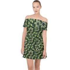Abstract Pattern Flower Leaf Off Shoulder Chiffon Dress