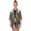 Owl Drawing Art Vintage Clothing Blue Feather Open Front Chiffon Kimono View1