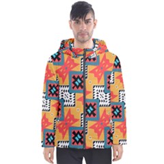 Shapes On A Brown Background Pattern               Men s Hooded Puffer Jacket