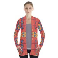 Misc Shapes On An Orange Background               Women s Open Front Pockets Cardigan