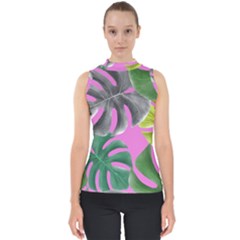 Tropical Greens Leaves Design Mock Neck Shell Top