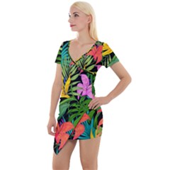 Tropical Greens Leaves Design Short Sleeve Asymmetric Mini Dress by Simbadda